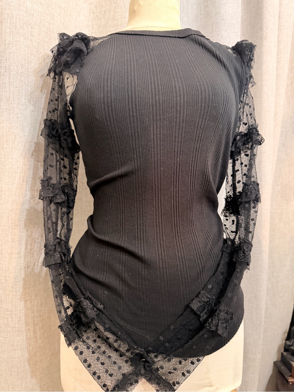 Free People Black Ribbed Top with Sheer Lace Polka-Dot Sleeves